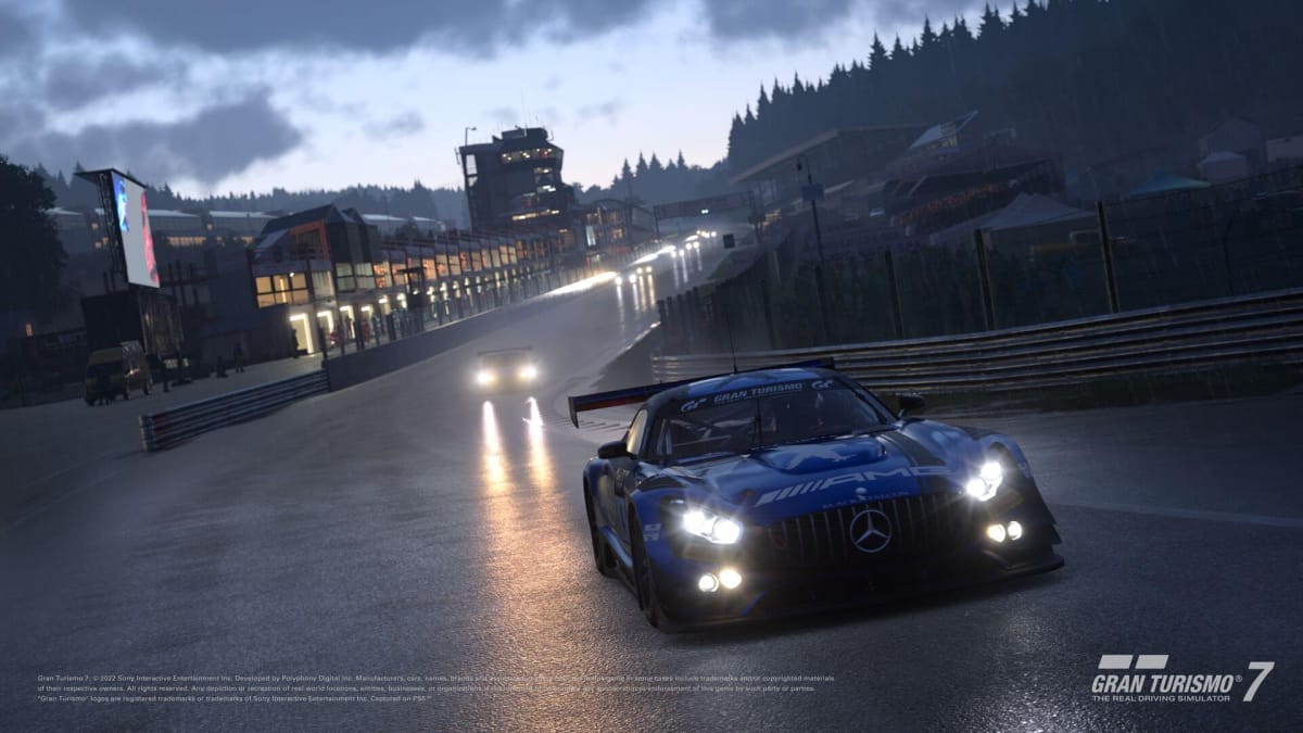 A car driving on the new 24-hour Spa-Francorchamps layout in Gran Turismo 7