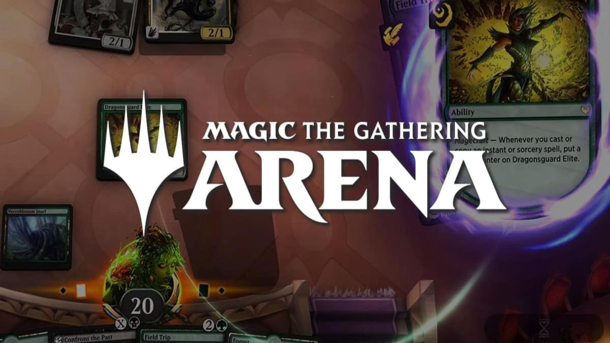 The logo for Magic: Arena with a table of cards in the background