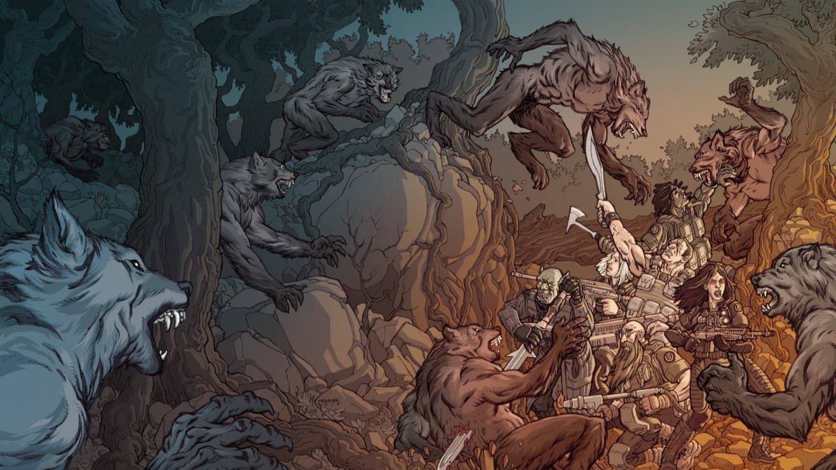 Comic artwork of Monster Hunter International fighting werewolves 