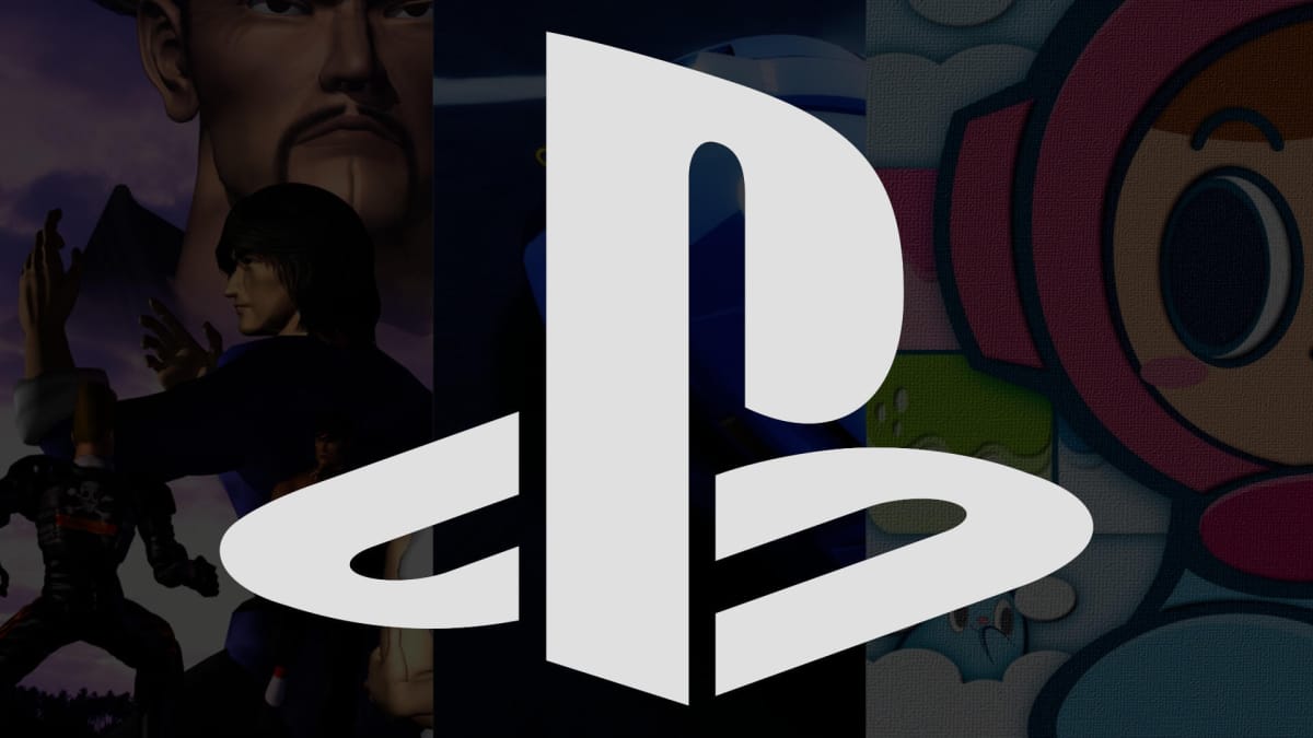 The PlayStation logo against a backdrop of the three PS1 classics leaked via the PSN backend