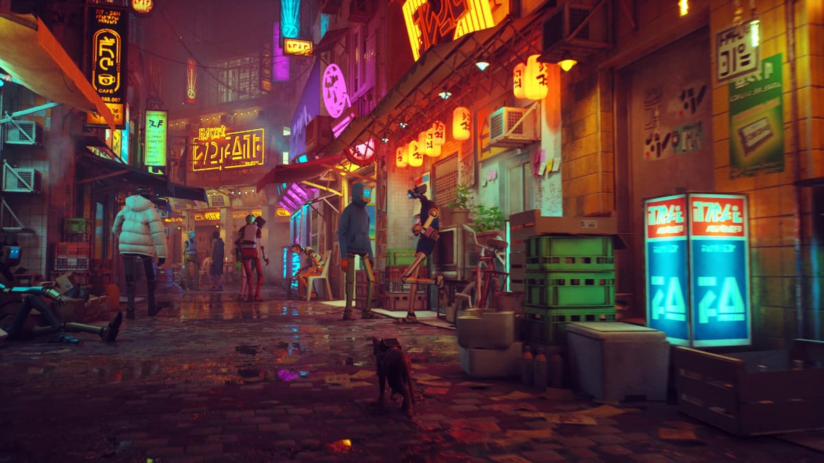 The feline hero walking through a cyberpunk cityscape in Stray