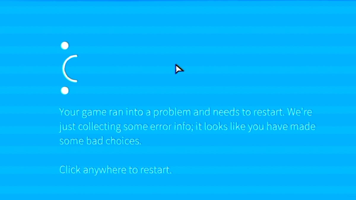 A blue error screen mocking the player for bad moral decisions.