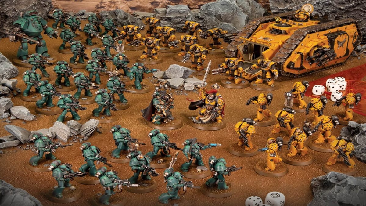 A teaser image showing Different factions of Space Marines and vehicles on a battlefield
