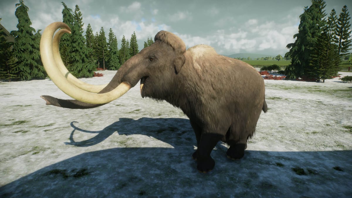 A mammoth trumpeting while standing in the snow in Prehistoric Kingdom