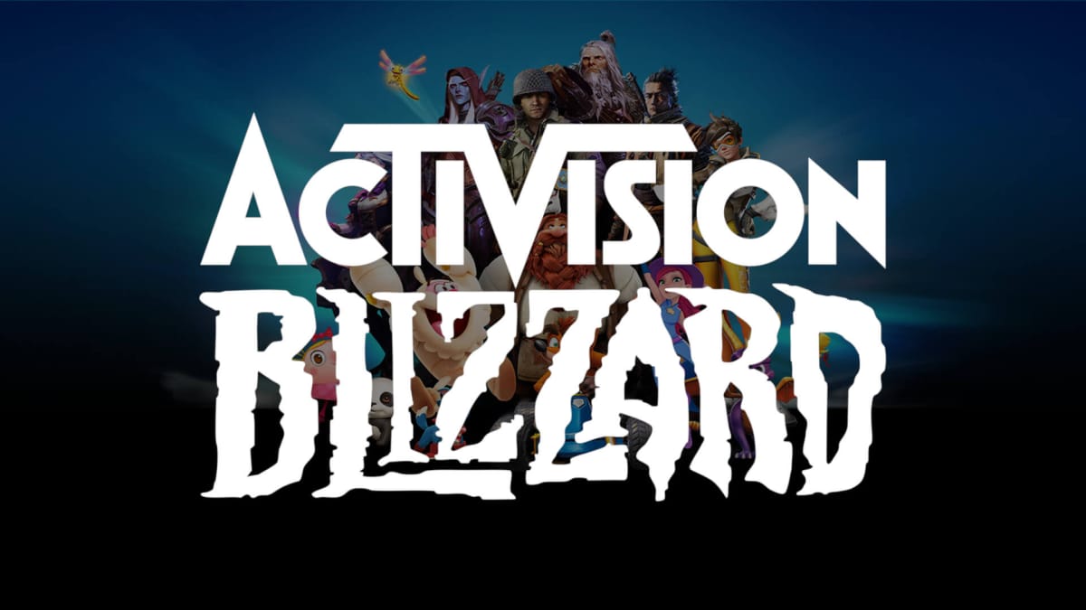 The Activision Blizzard logo over a backdrop of the company's franchises