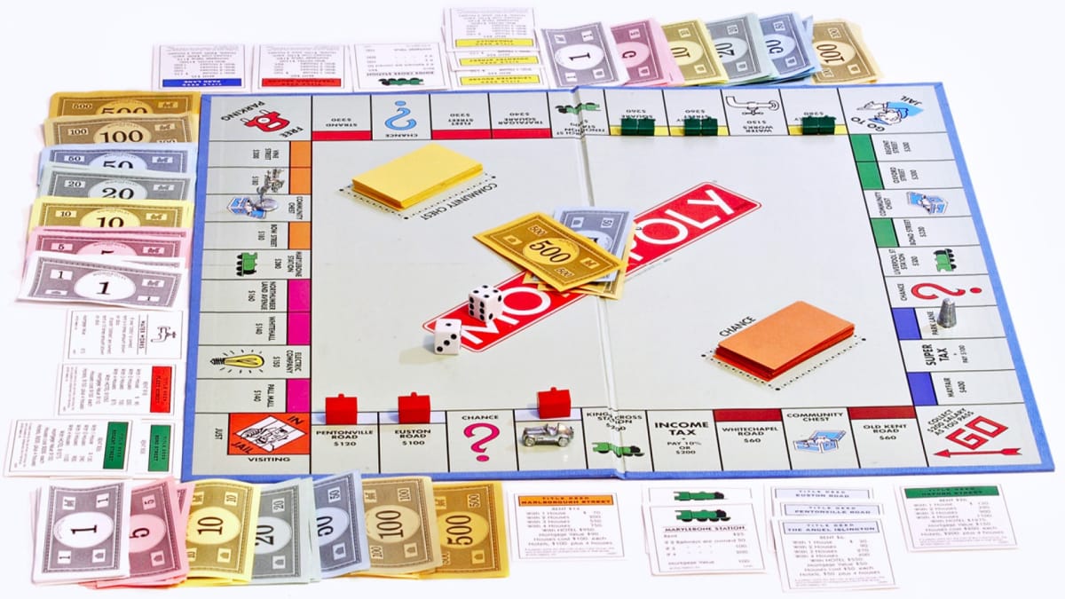 A board set up for the classic 1990s printing of Monopoly