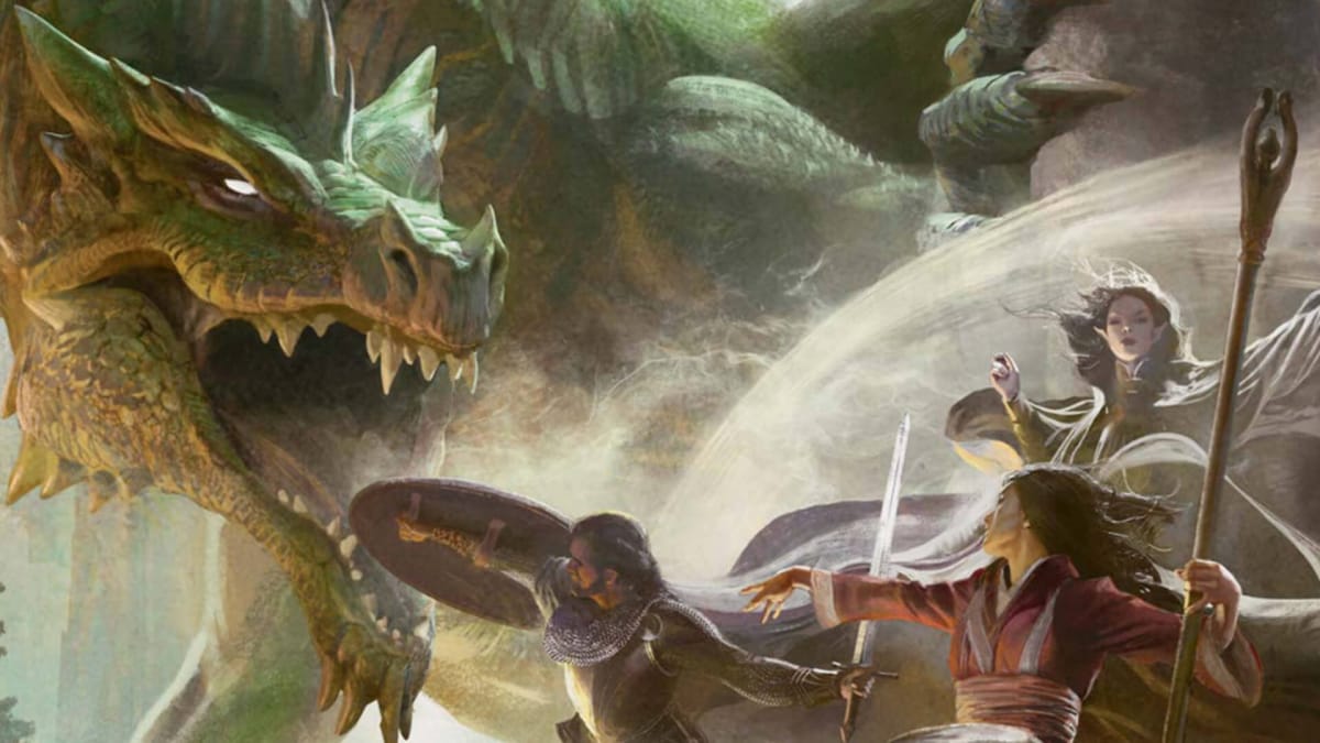 Artwork of an adventuring party facing a dragon.