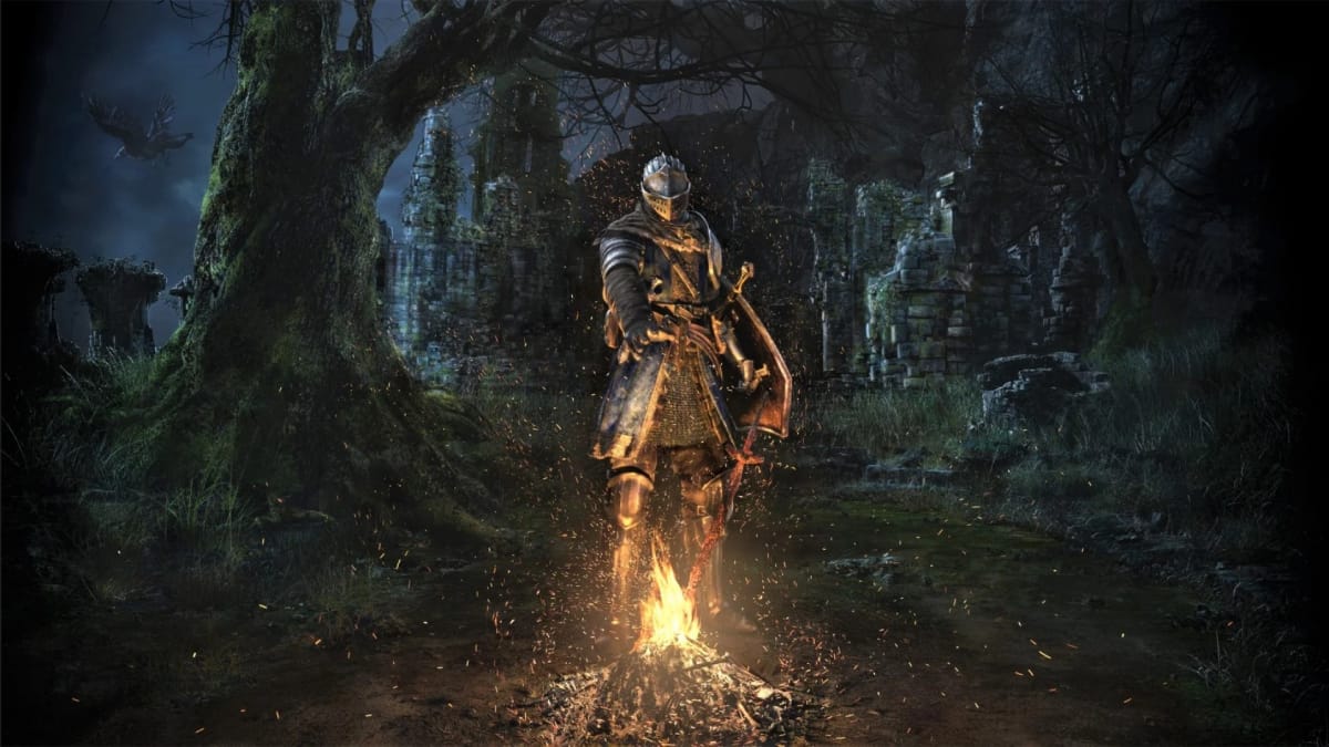 An undead knight in front of a bonfire