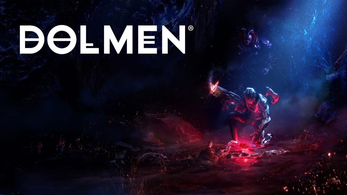 Key art for Dolmen, which depicts its main character and one of the antagonists