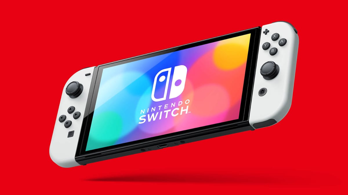 The Nintendo Switch OLED model against a red background