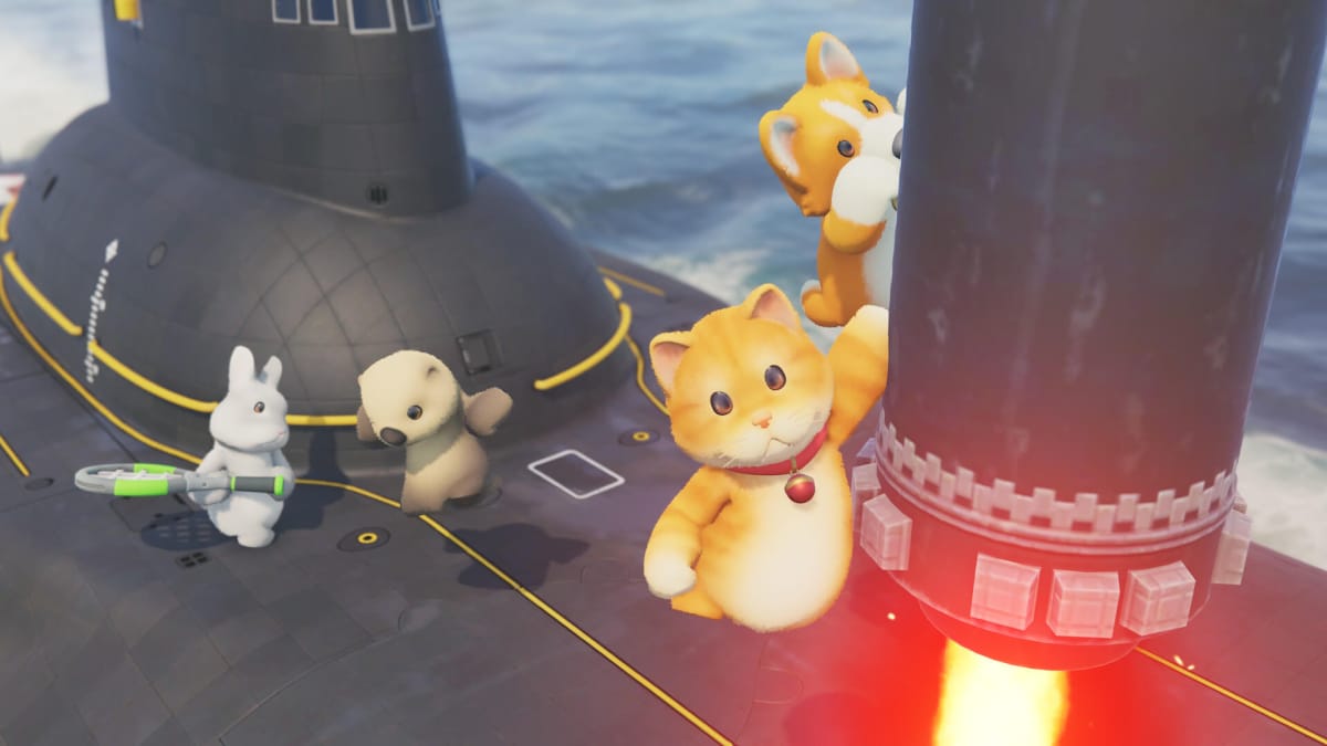 A cat clings to a rocket in Party Animals, with other animals also battling