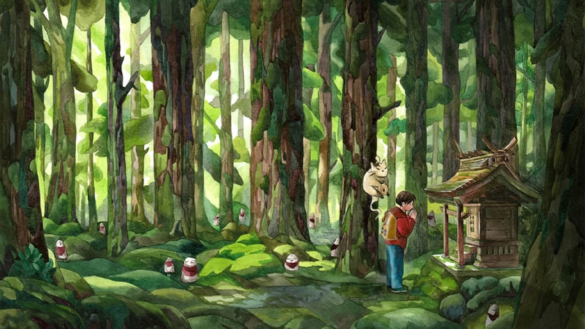 The key art for Spirittea, which depicts a young boy praying at a shrine with his cat companion