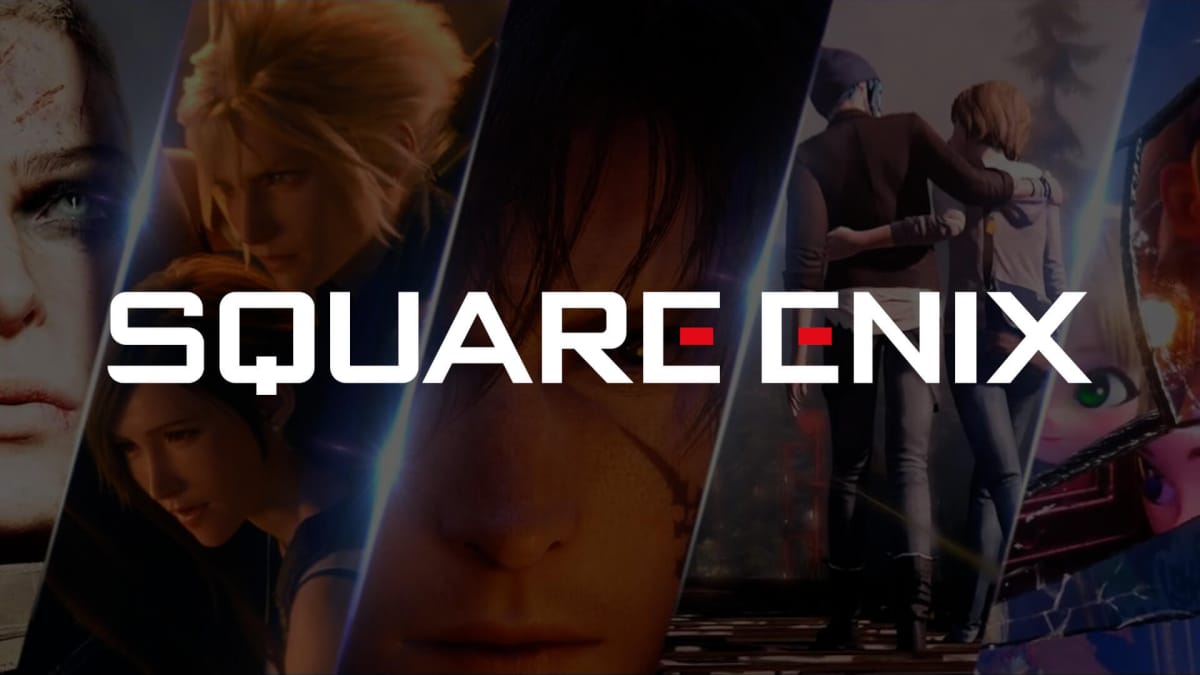 The Square Enix logo over a backdrop of some of the company's most famous characters
