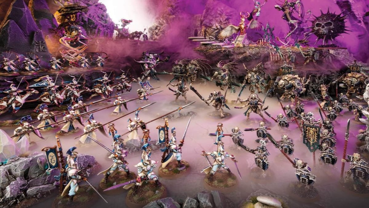A battlefield with armies from Warhammer Age of Sigmar