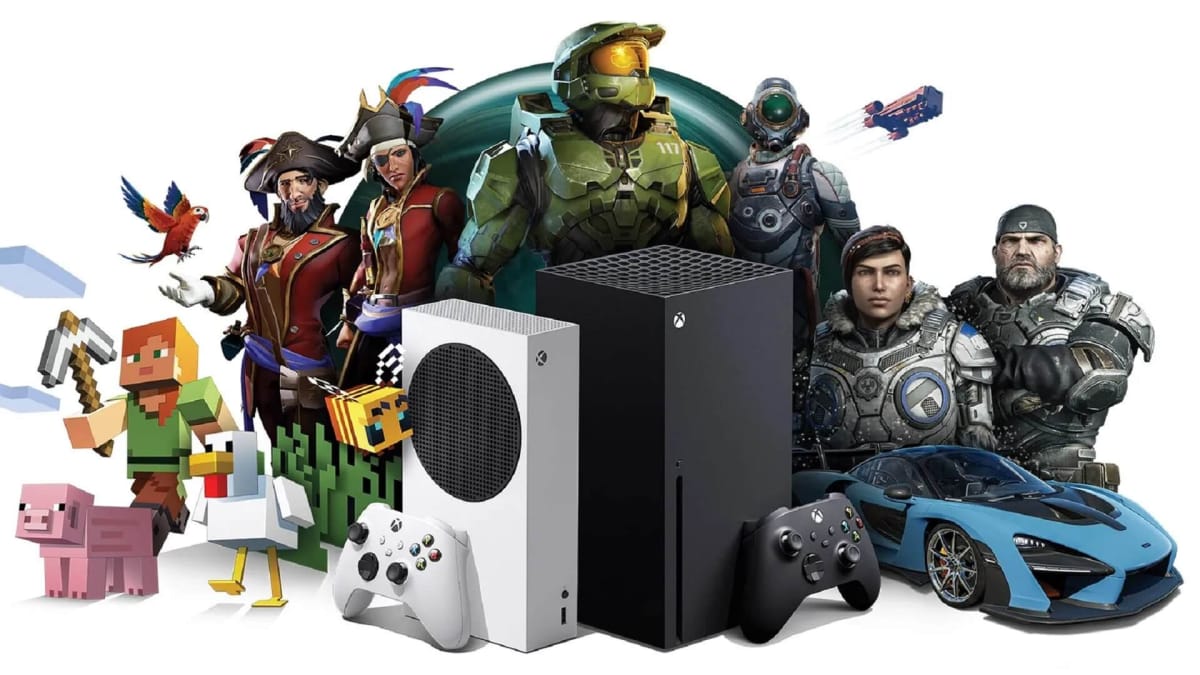 Several Xbox gaming icons alongside two Xbox Series consoles, both of which won't be able to play the icons' games offline because of Xbox DRM