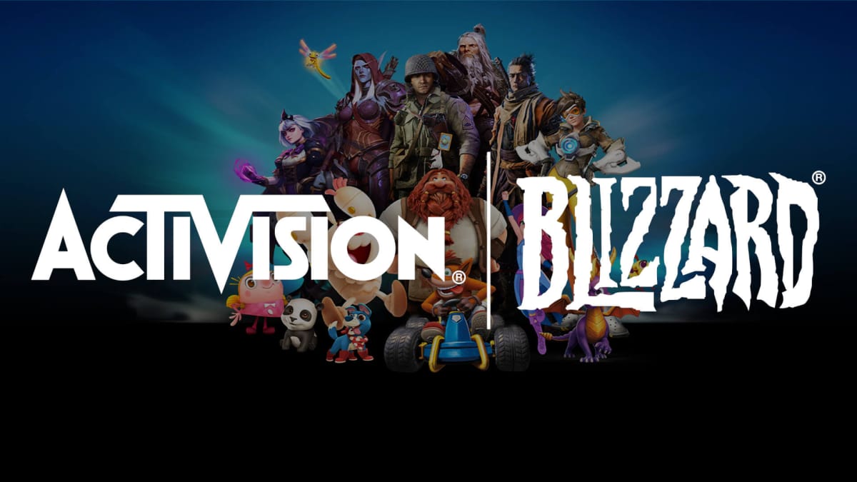 The Activision Blizzard logo over the top of some of the company's most famous characters