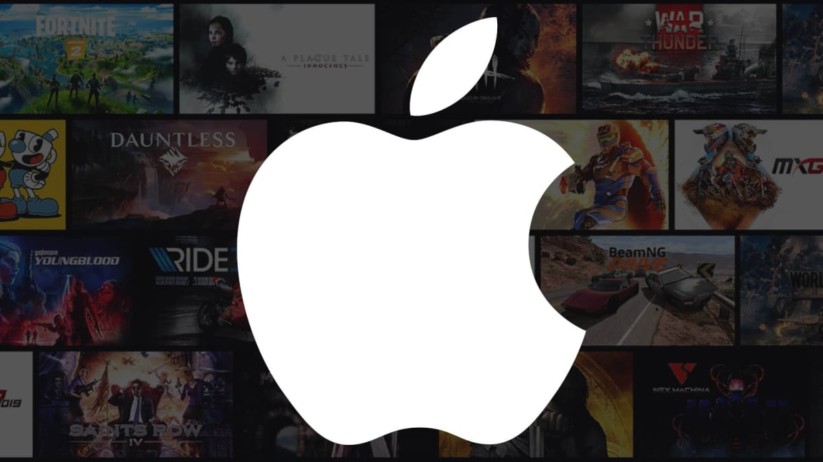 The Apple logo overlaid on games available on cloud gaming service Geforce Now