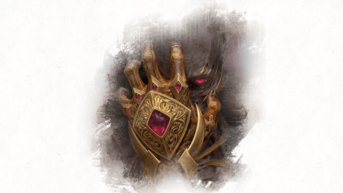The archlich Vecna, his gilded hand covering his face with his left eye visible