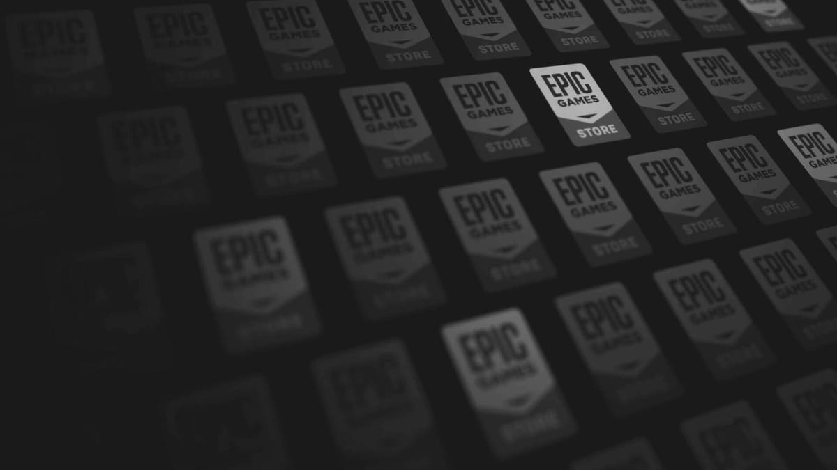 A bunch of Epic Games Store logos set at an angle across a black background