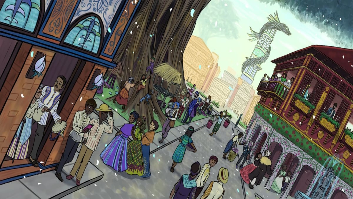 Large groups of people traveling through busy streets, a dragon is in the background coiled around a giant tower