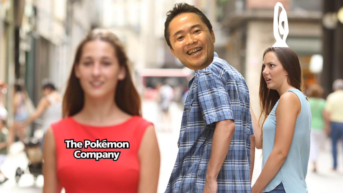 A Photoshopped version of the Distracted Boyfriend meme featuring Junichi Masuda, the Pokemon Company logo, and the Game Freak logo