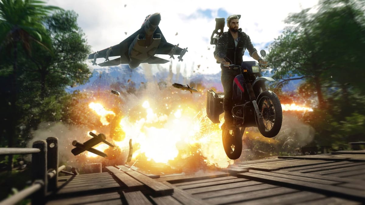 Rico riding away from an explosion in Just Cause 4