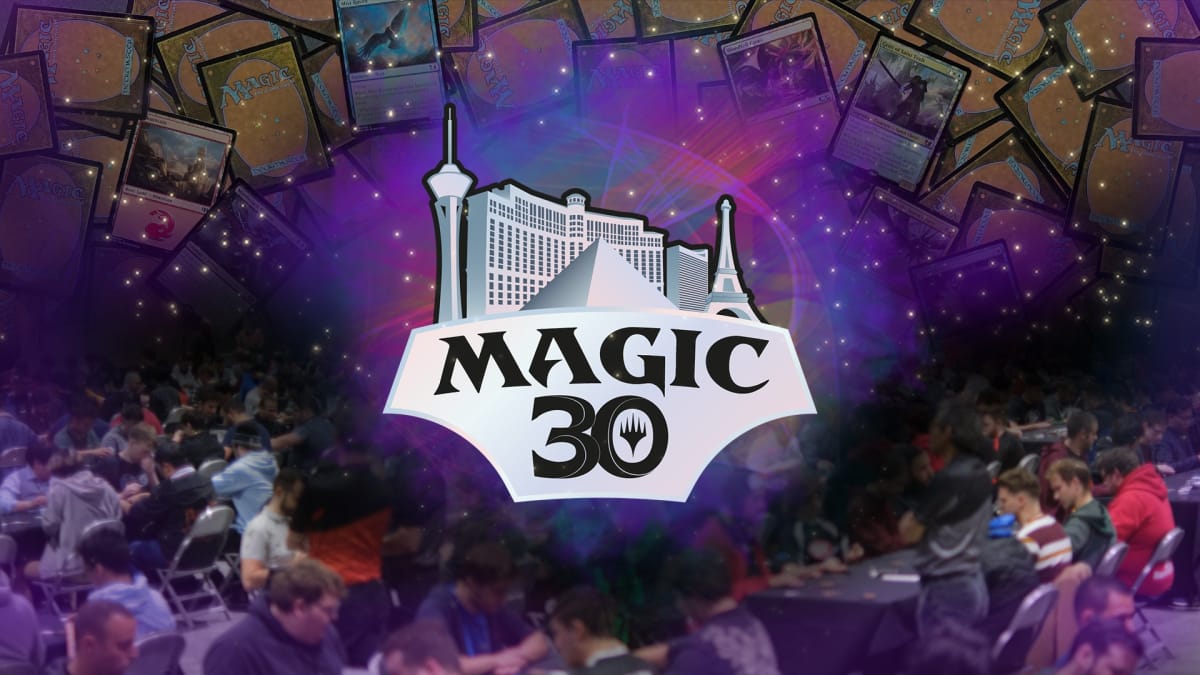 The Magic 30 logo in front of several tables of people playing cards