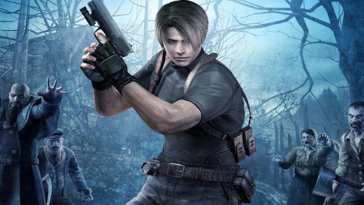 Leon from Resident Evil 4 standing near zombies.