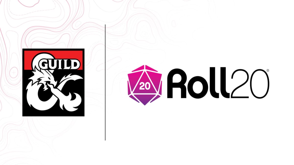 The official logos for Roll20 and DMs Guild on a white background