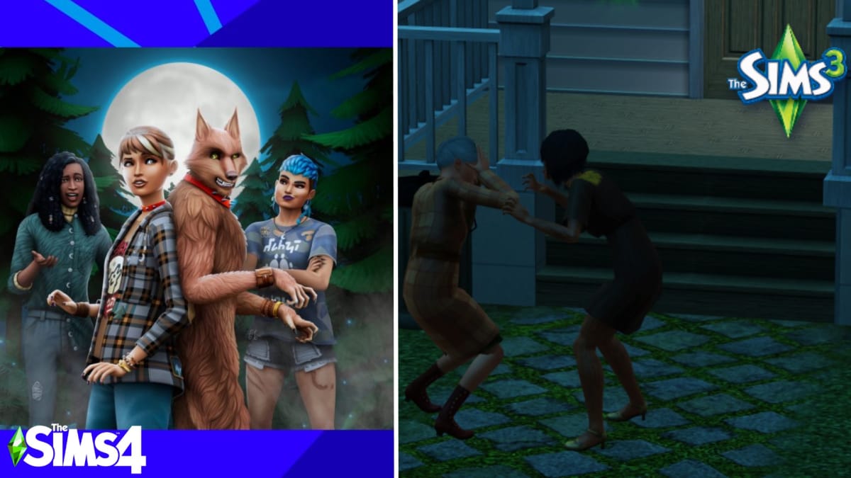 A side by side of the cover art of The Sims 4: Werewolves and a Sims 3 werewolf intimidating someone.