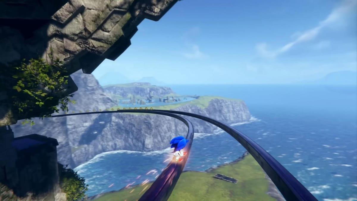 Sonic grinding on a rail in the open-world environment of Sonic Frontiers