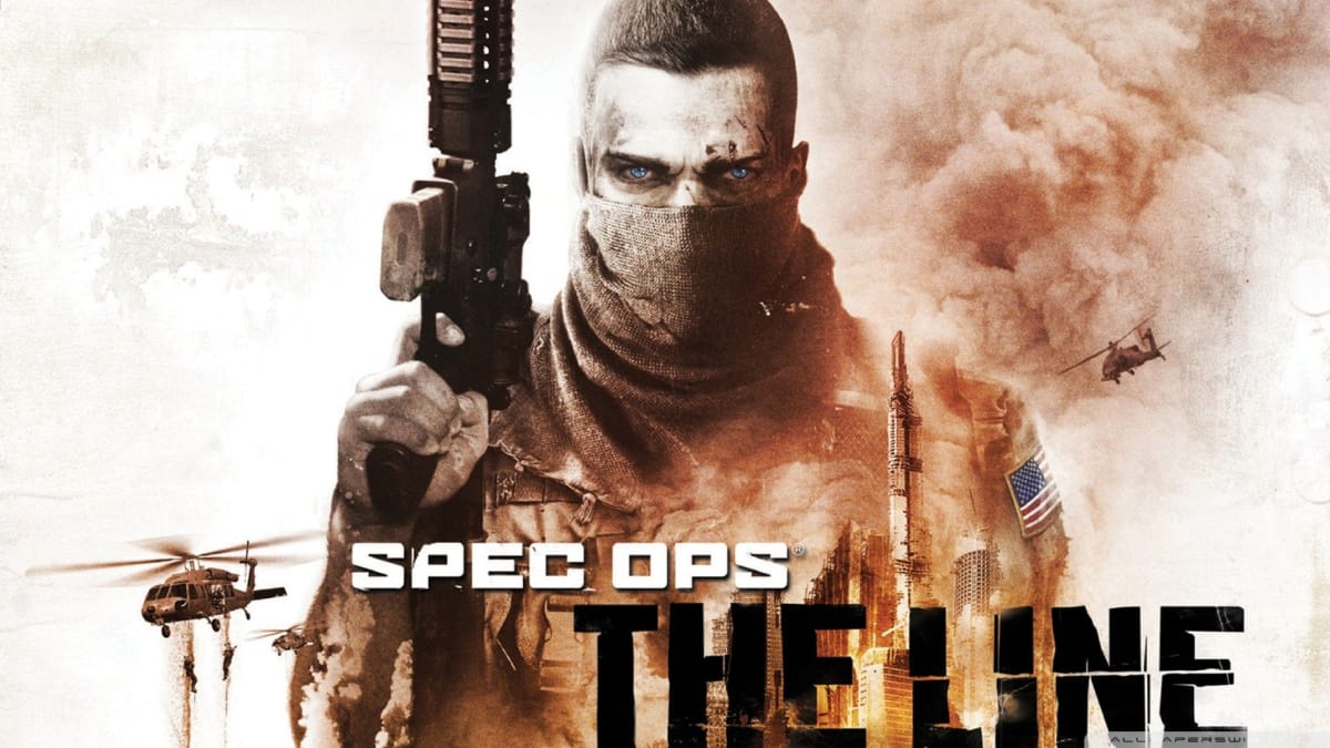 The Game Cover of Spec Ops: The Line, showcasing a buzzcut man brandishing an assault rifle.