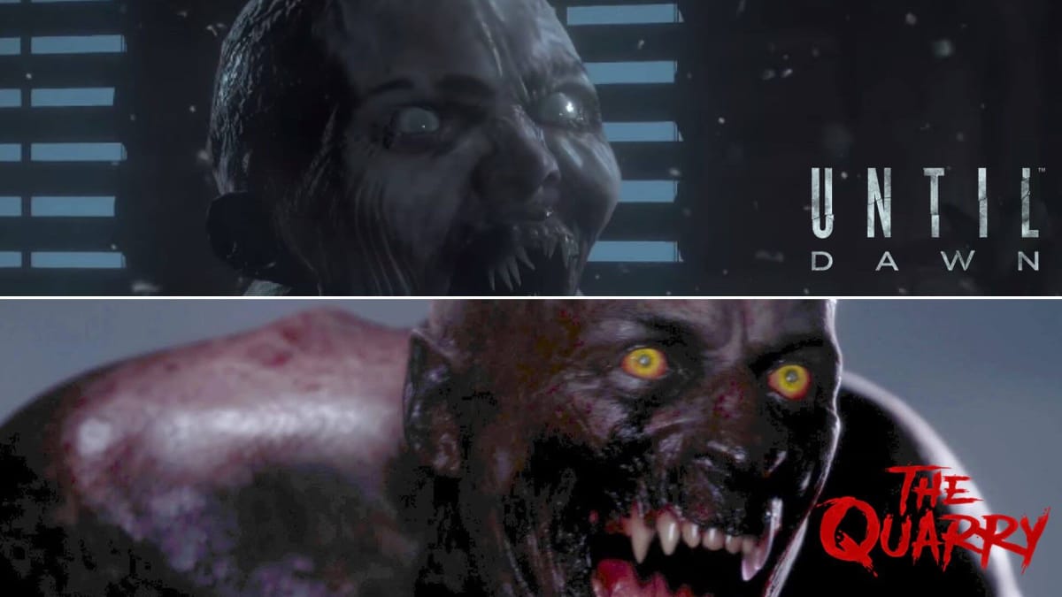 An image horizontally divided, with a screenshot from Until Dawn of Hannah as a wendigo on top and a screenshot from The Quarry of Max as a werewolf below.