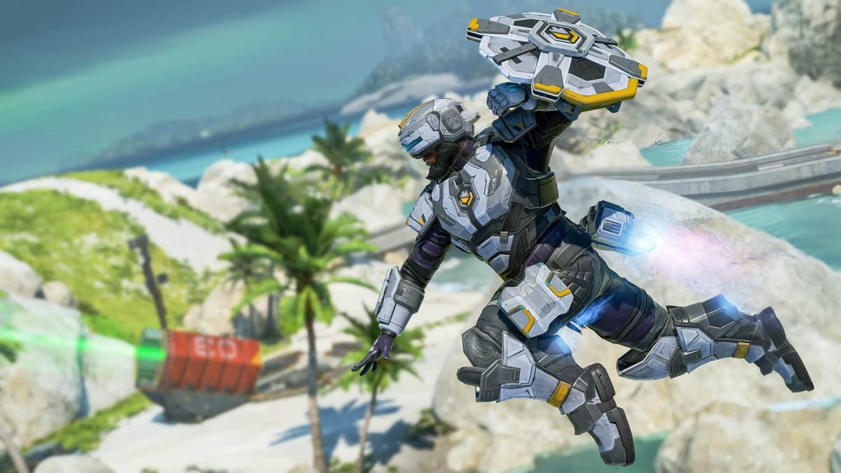 Newcastle leaping through the air in Apex Legends
