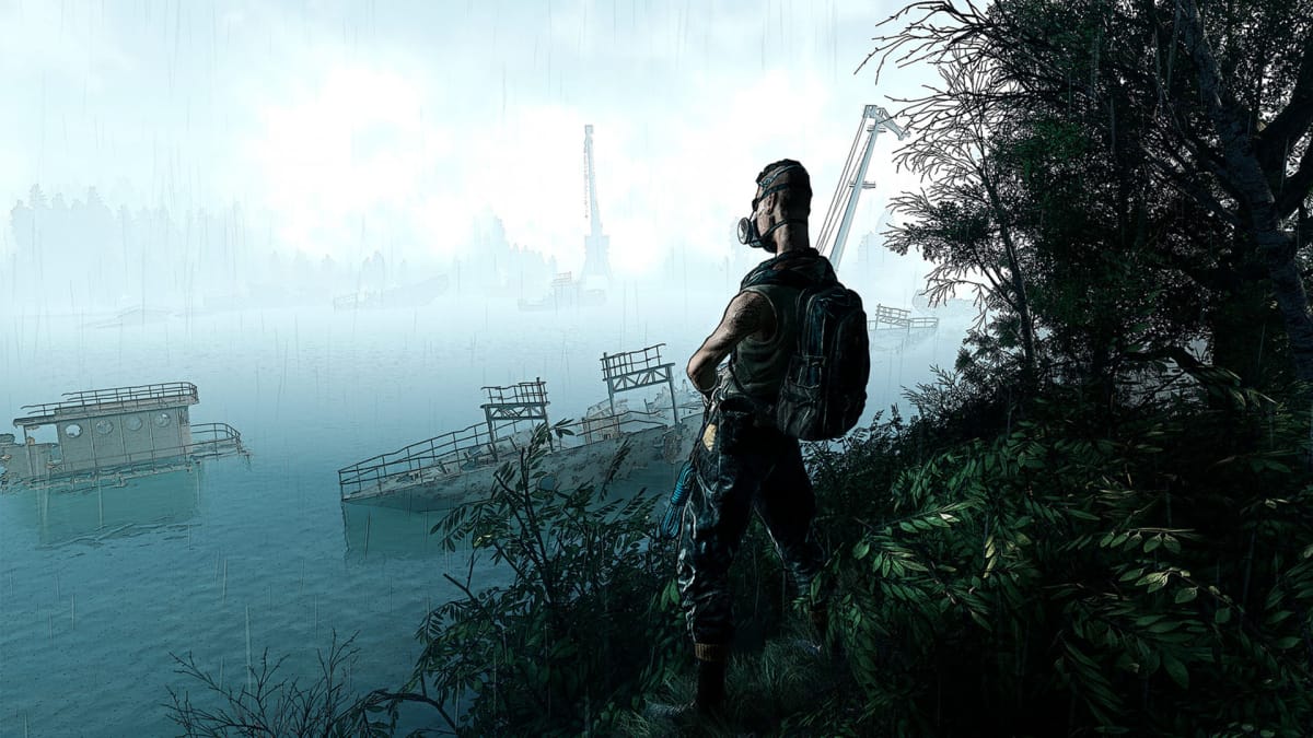 A character overlooking some shipwrecks in Chernobylite