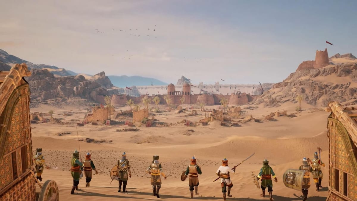 A group of soldiers running across the desert in Chivalry 2