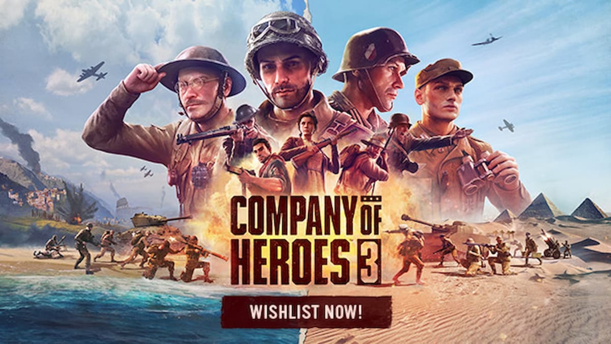 Company of Heroes 3 Header loading screen, Characters lined up showing battles going on in the background, Company of Heroes 3 Release Date