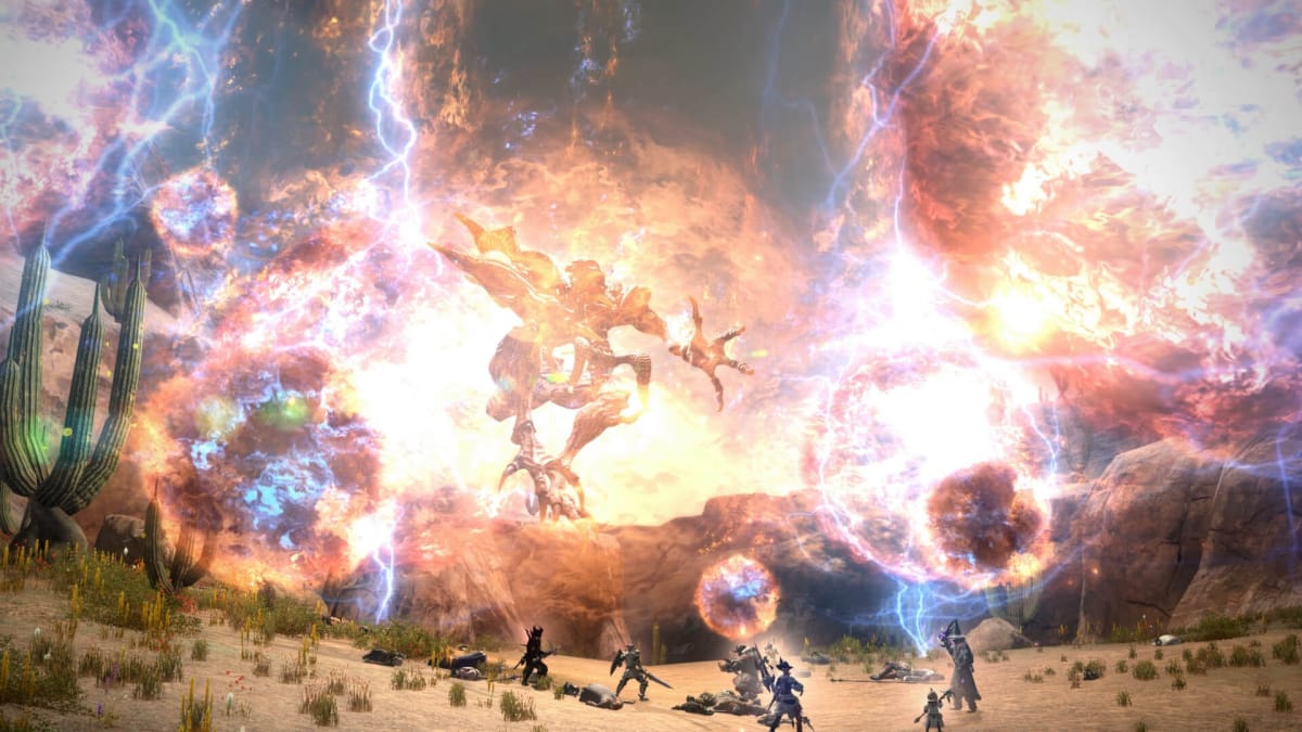A group of players battling Ifrit in Final Fantasy XIV
