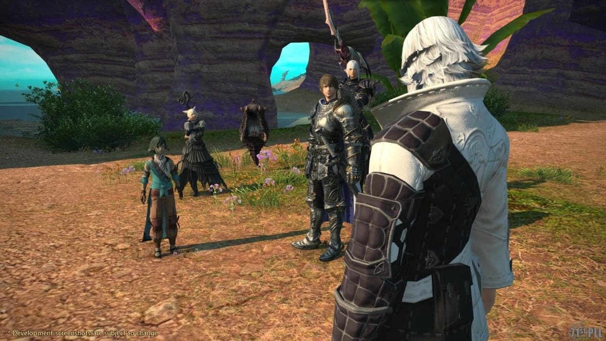 Cid looking at the player character and his entourage in Final Fantasy XIV patch 6.2