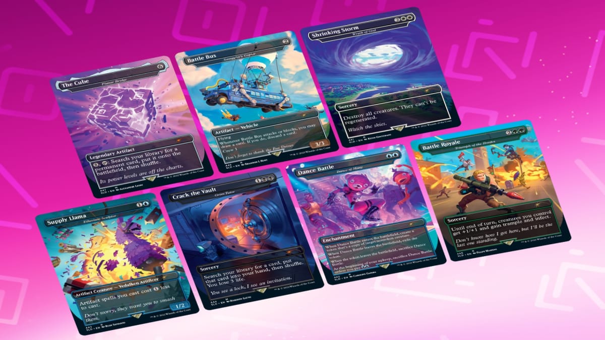 A handful of Fortnite Themed Magic cards on a purple background