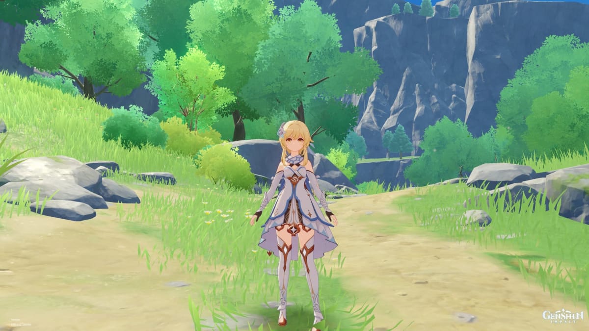 Genshin Impact Gameplay Screenshot, Lumine standing in a meadow within the game - Genshin Impact Trailer 