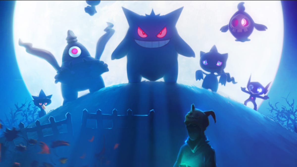 A group of Ghost Pokemon in a graveyard during a full moon