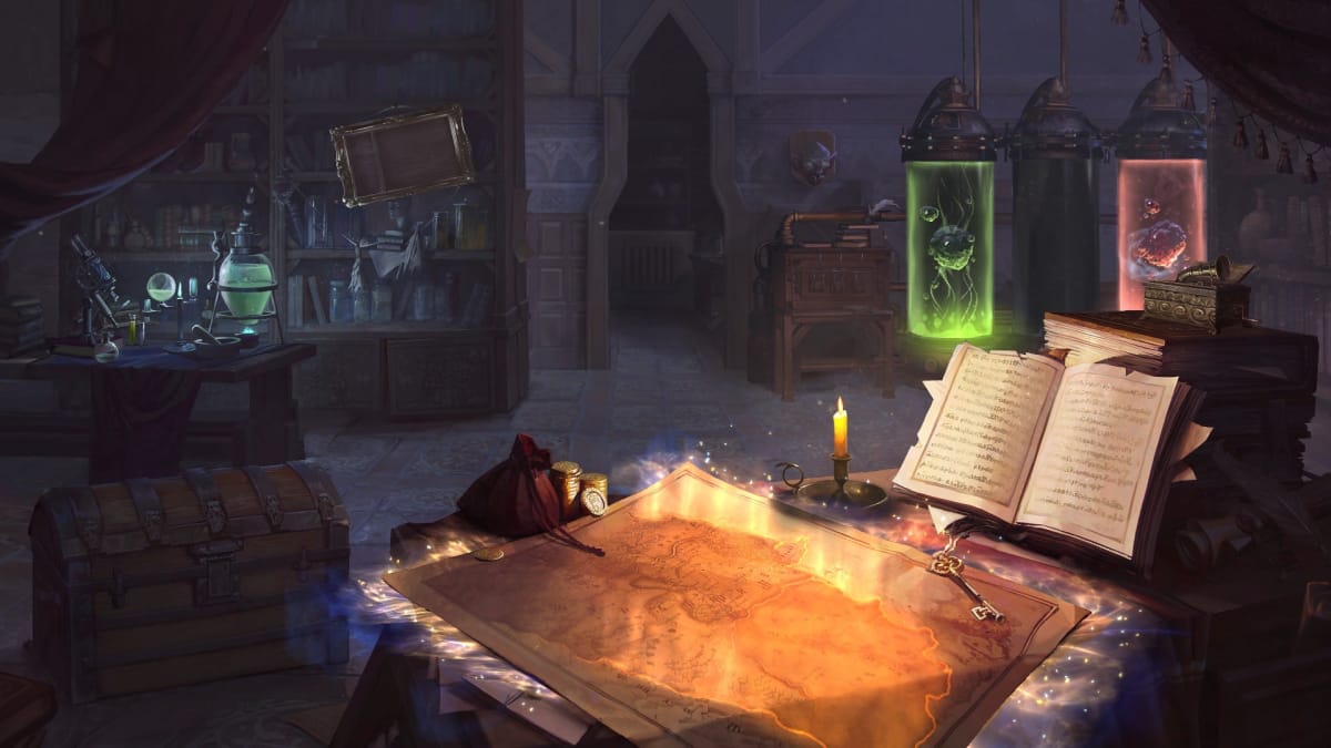 A wizard's laboratory, glass vats, a treasure chest, and a cloth map are visible.