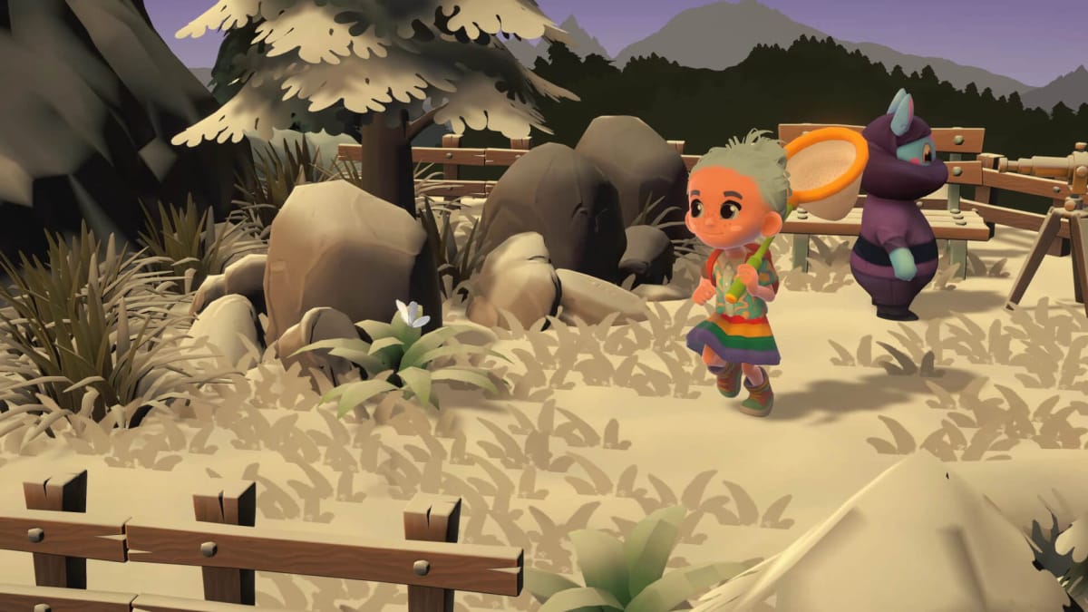 A player holding a bug net and catching a butterfly in Hokko Life
