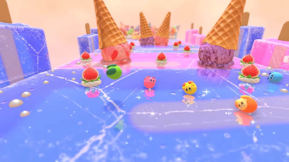 Kirby rolling through a course in Kirby's Dream Buffet