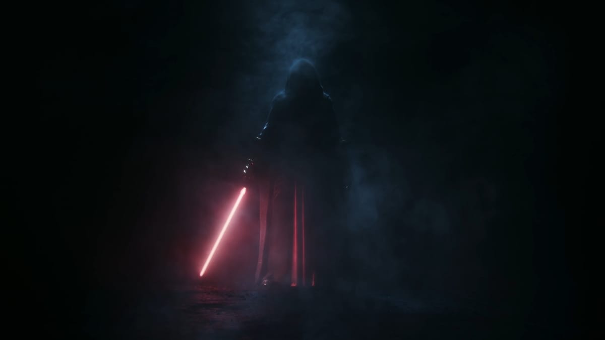 A hooded Sith figure, presumably Darth Malak, in Aspyr's Star Wars: Knights of the Old Republic remake