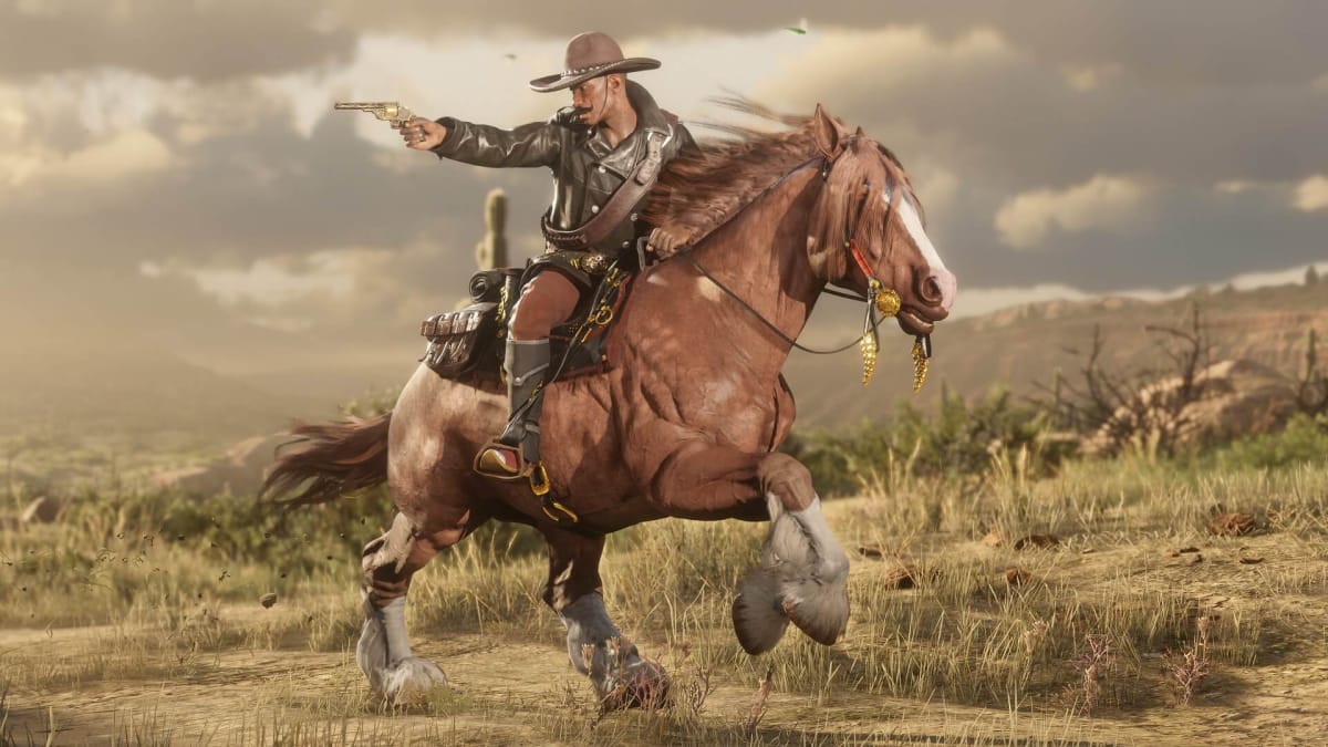A player character riding on a horse and shooting in Red Dead Online