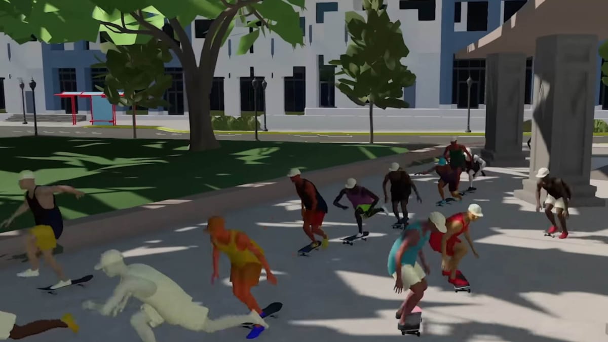 A group of skaters skating through a park in Skate 4