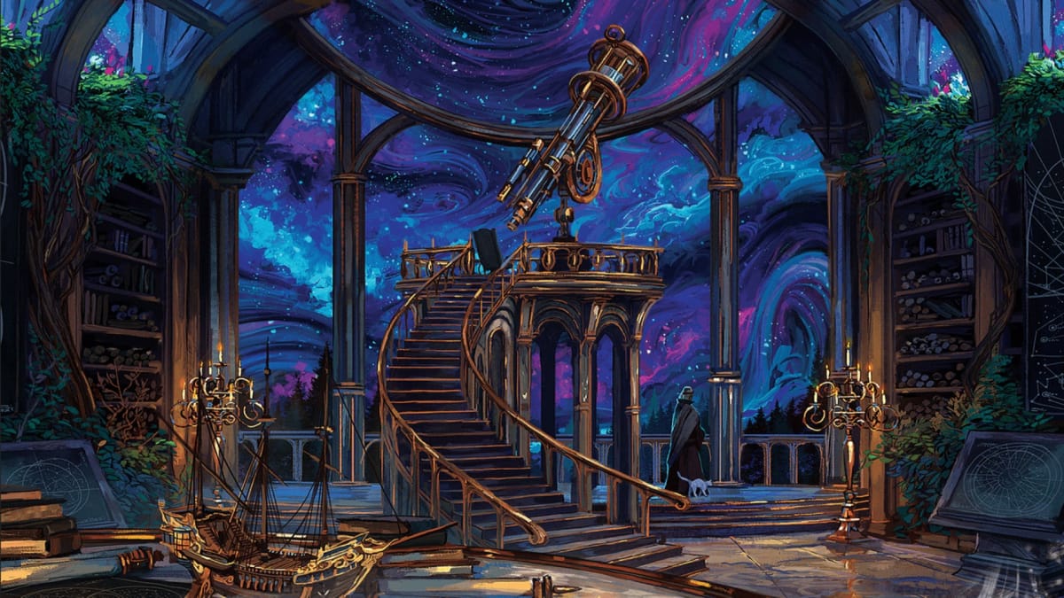 An opulent orrery with a swirling starry sky in the distance