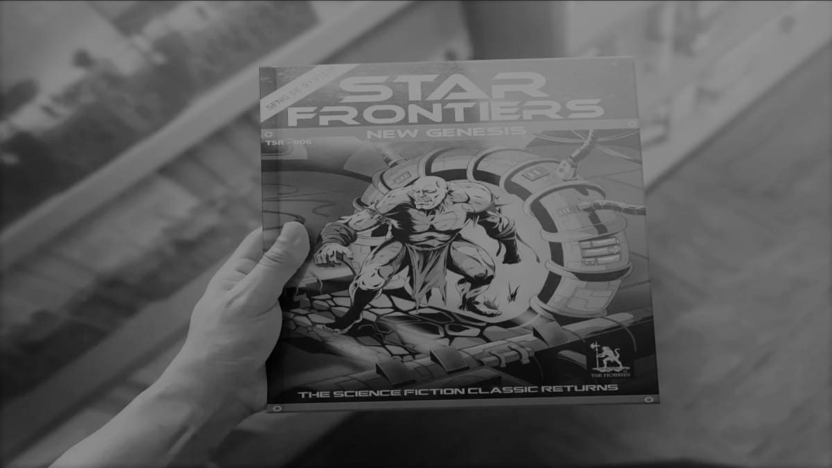 A grayscale promotional copy of Star Frontiers New Genesis